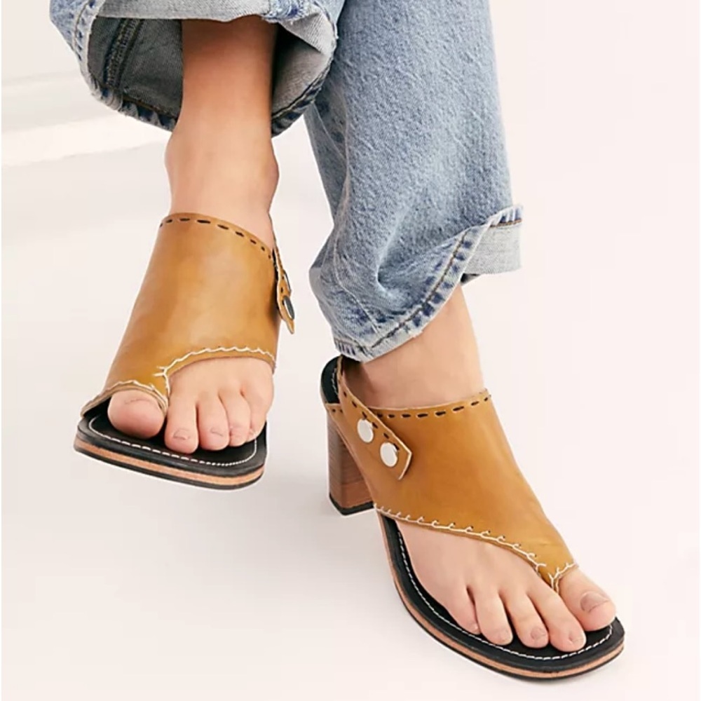 Free People Tan Leather Block Heel Sandals